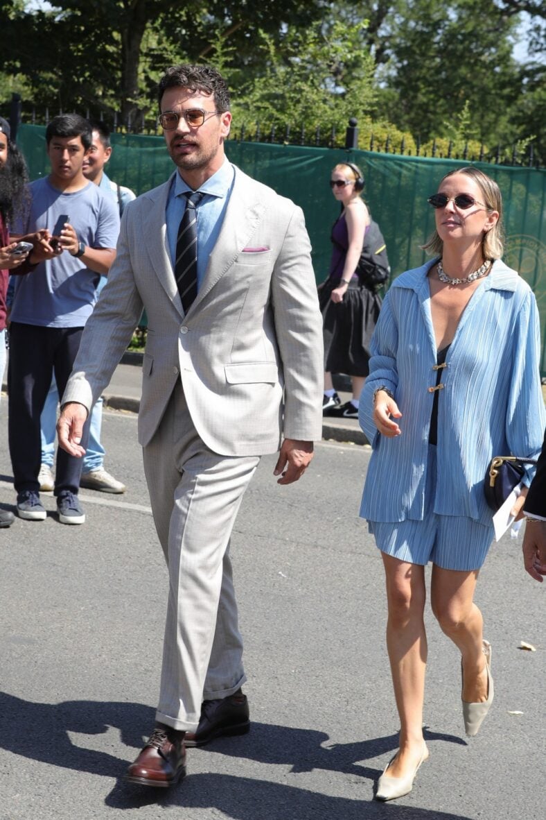 Theo James and Ruth Kearney arrive at Wimbledon on day 14 in London