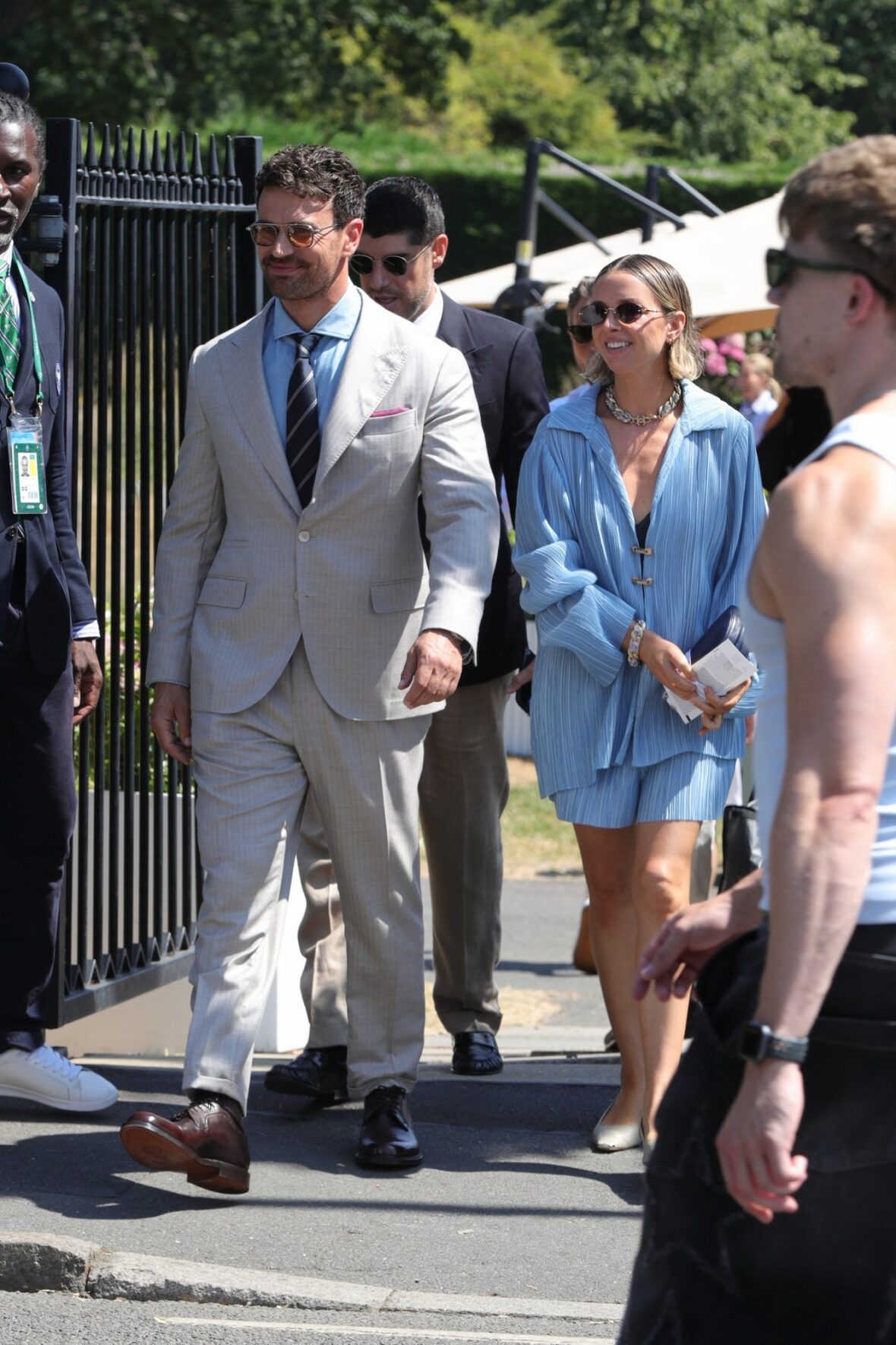 Theo James and Ruth Kearney arrive at Wimbledon on day 14 in London