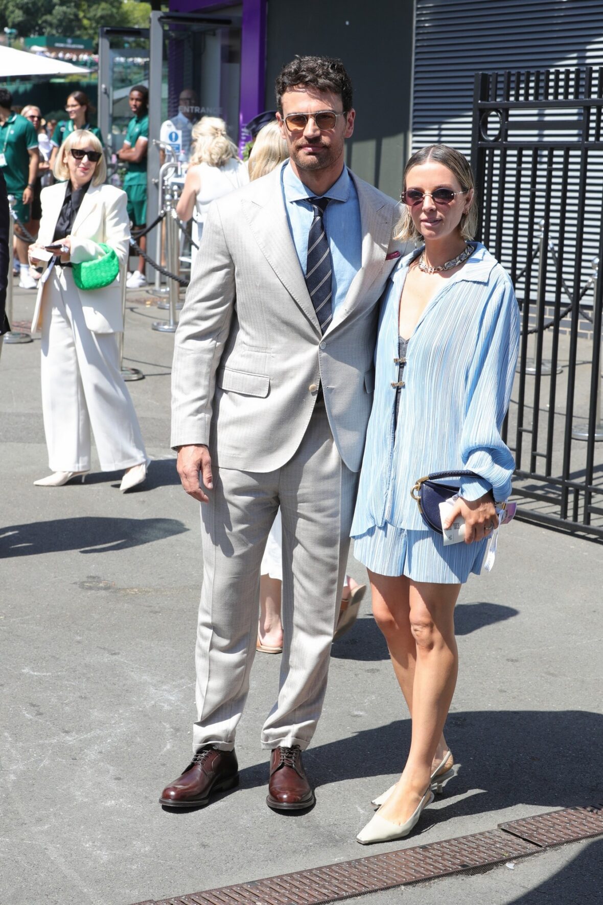 Theo James and Ruth Kearney arrive at Wimbledon on day 14 in London