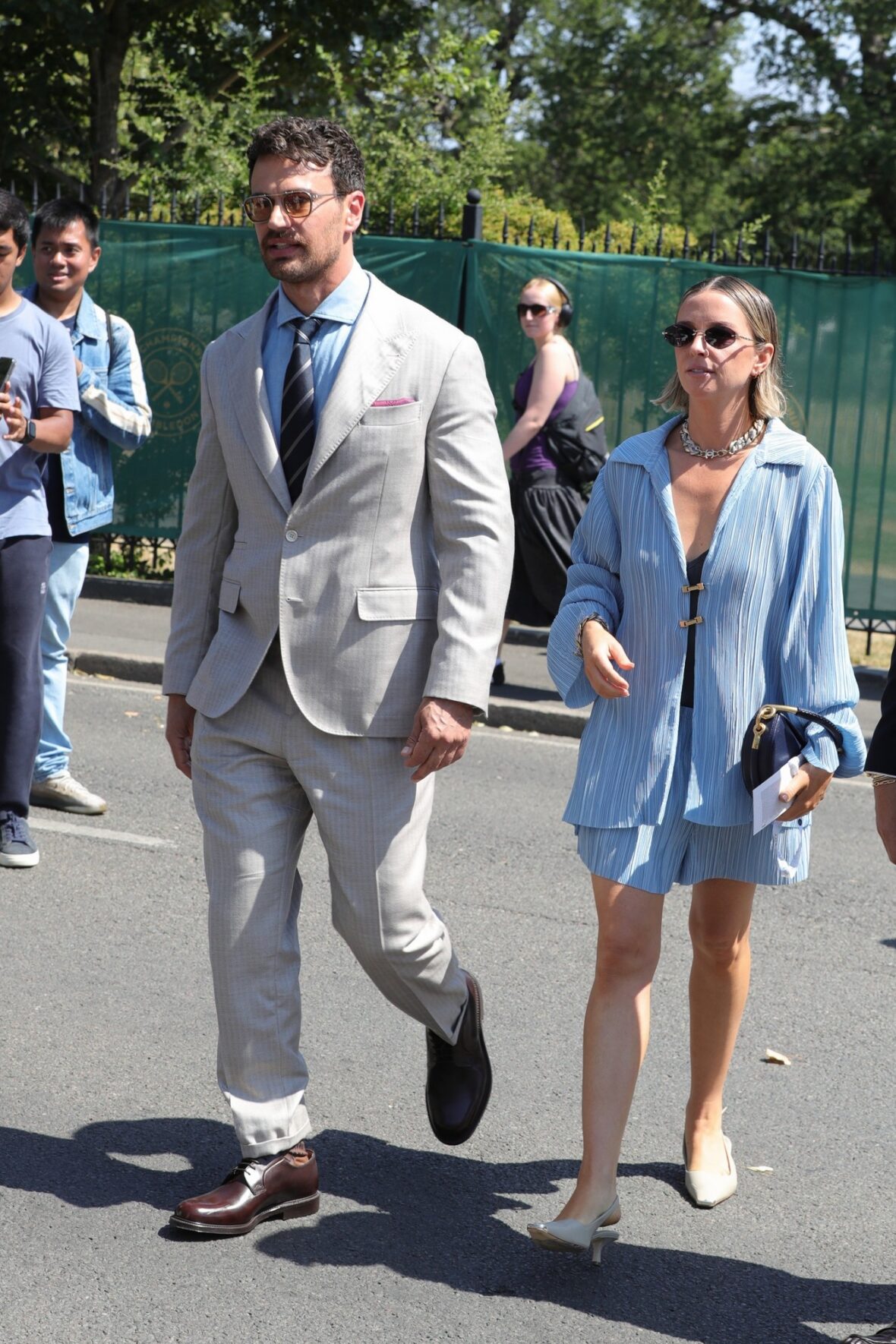 Theo James and Ruth Kearney arrive at Wimbledon on day 14 in London