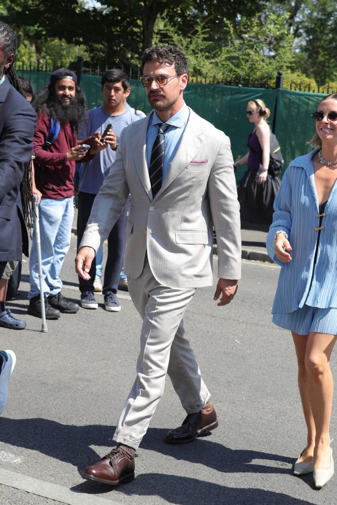 Theo James and Ruth Kearney arrive at Wimbledon on day 14 in London