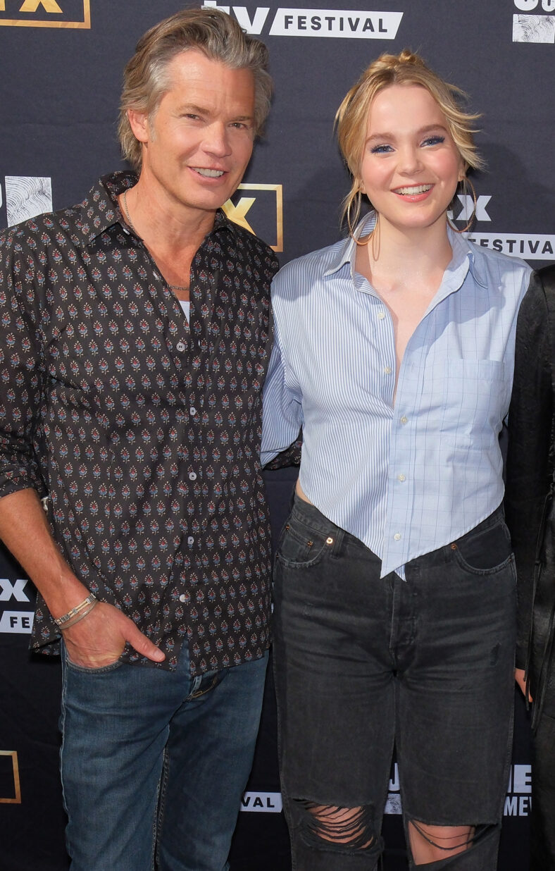 Timothy Olyphant poses alongside daughter Vivian Olyphant at Justified: Primeval premiere.