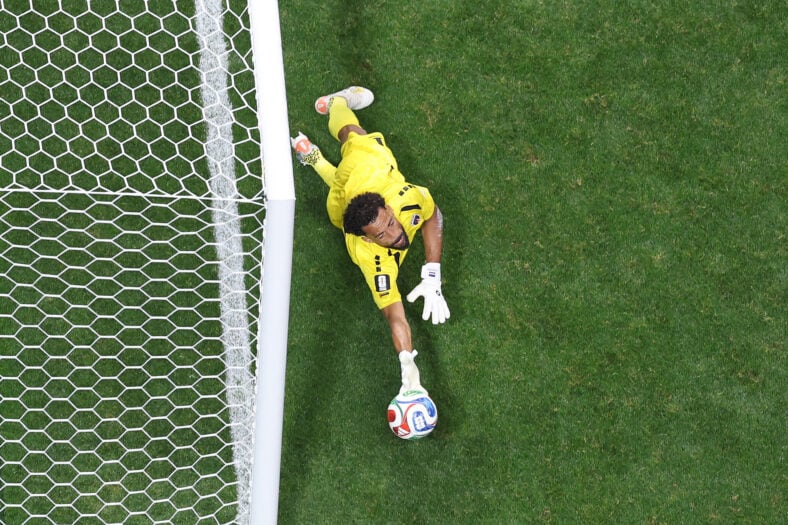 Vozinha #1 of Cape Verde makes a save during the FIFA World Cup 2026 Group H match between Spain and Cape Verde