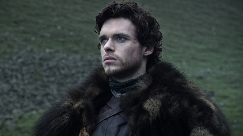Robb Stark looking into the distance on a green hill wearing a brown fur coat in Game of Thrones